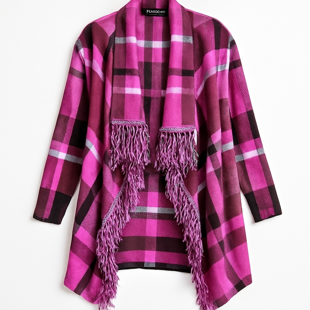 Notations Pink Plaid Fringe Cardigan – Cozy Open Front Sweater Jacket L
